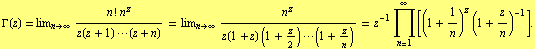 Γ(z) = lim _ (n -> ∞) (n ! n^z)/(z(z + 1) ···(z + n)) = lim ... t;·(1 + z/n)) = z^(-1) Underoverscript[∏, n = 1, arg3] [(1 + 1/n)^z (1 + z/n)^(-1)] .