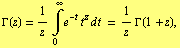 Γ(z) = 1/z Underoverscript[∫, 0, arg3] e^(-t) t^z d t = 1/z Γ(1 + z),