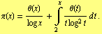 π(x) = θ(x)/(log x) + Underoverscript[∫, 2, arg3] θ(t)/(t log^2 t) d t .