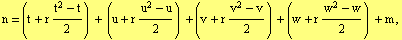 n = (t + r (t^2 - t)/2) + (u + r (u^2 - u)/2) + (v + r (v^2 - v)/2) + (w + r (w^2 - w)/2) + m ,