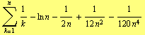 Underoverscript[∑, k = 1, arg3] 1/k - ln n - 1/(2 n) + 1/(12 n^2) - 1/(120 n^4)