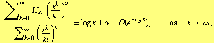 (Underoverscript[∑, k = 0, arg3] H _ k · (x^k/k !)^n)/(Underoverscript[∑, k ... bsp; as  x -> ∞ ,