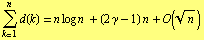 Underoverscript[∑, k = 1, arg3] d(k) = n log n + (2 γ - 1) n + O(n^(1/2))