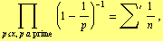 Underscript[∏, p <= x, p a prime ] (1 - 1/p)^(-1) = ∑^' 1/n ,