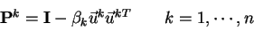 \begin{displaymath}
\begin{array}{cr}
{\bf P}^k={\bf I}-\beta_k\vec{u}^k\vec{u}^{kT} \qquad k=1, \cdots ,n
\end{array}\end{displaymath}