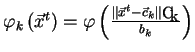 $\varphi_k\left(\vec{x}^t\right) =
\varphi\left(\frac{\parallel \vec{x}^t - \vec{c}_k \parallel_{{\bf C_k}}}{b_k}\right)$